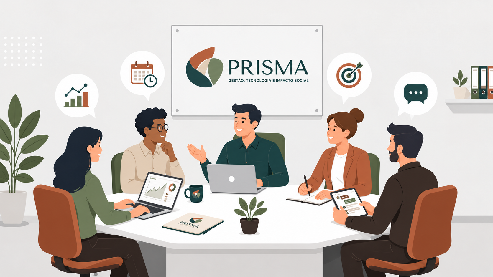 Ilustração de uma equipe em reunião, com a identidade visual da PRISMA ao fundo